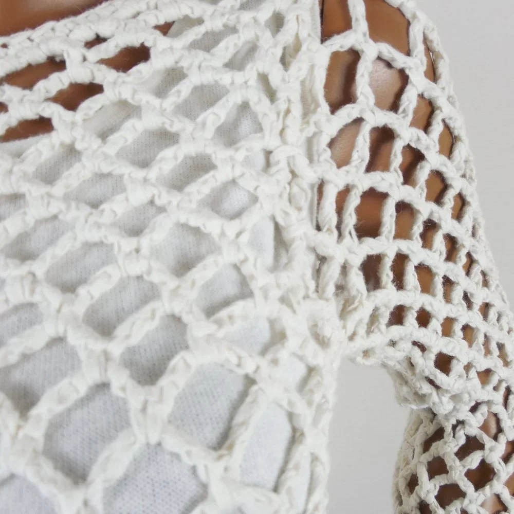 JOHN PAUL RICHARD Top M Heavy Crochet Crop Shirt w/Attached Knit Tank Casual - Picture 3 of 11